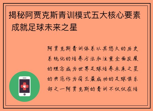 揭秘阿贾克斯青训模式五大核心要素 成就足球未来之星